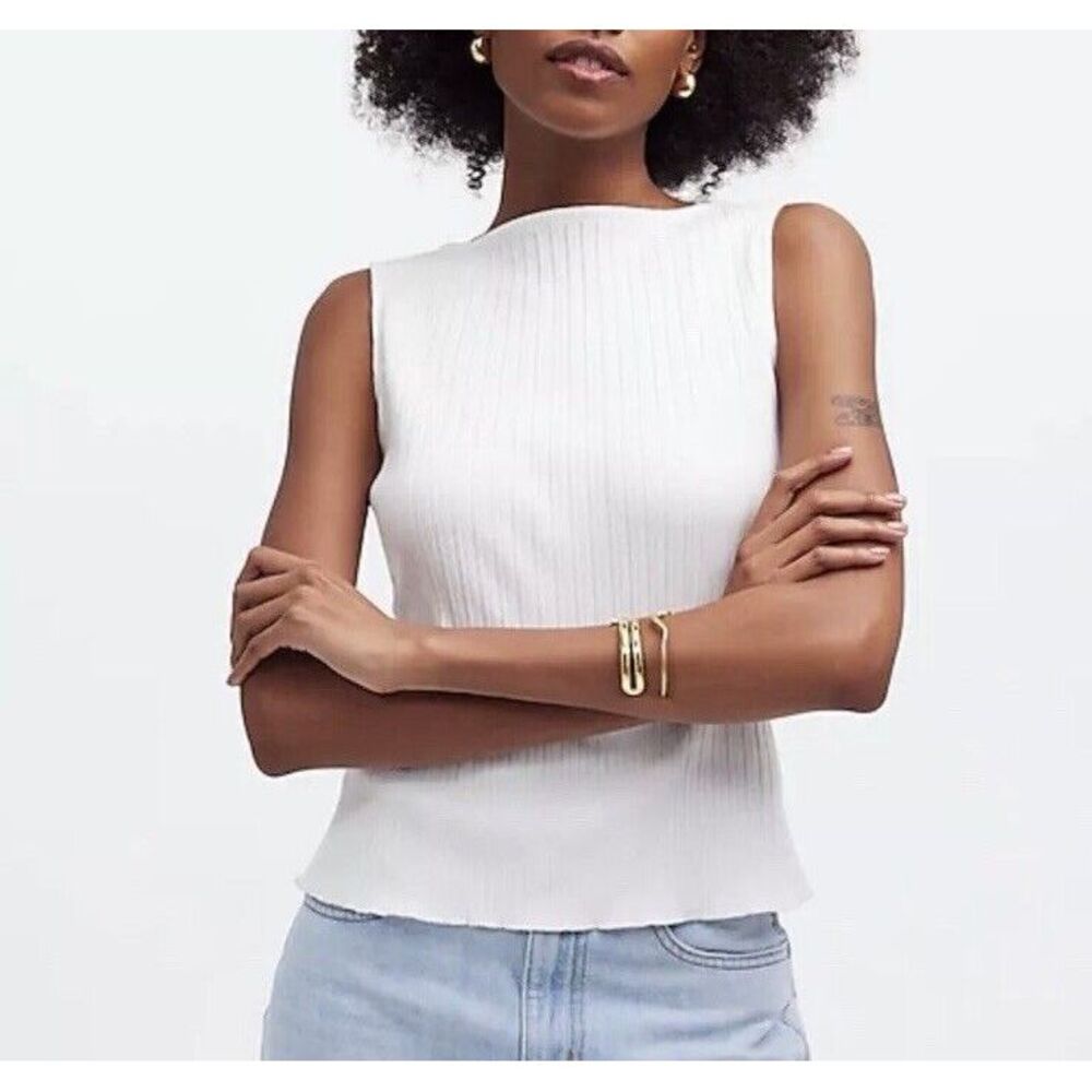 Madewell Tank Top Size XXS White Ribbed Cotton Blend Sleeveless Cropped Boatneck